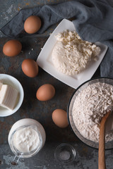 Ingredients for the Georgian Khachapuri dish with cheese diagonal