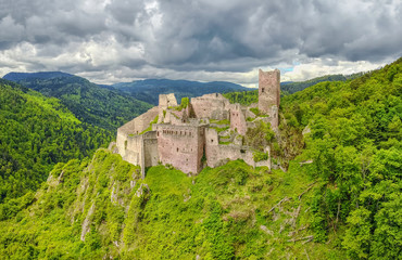 Fototapeta na wymiar Ruins of Saint-Ulrich Castle located in The Vosges mountains near Ribeauville, Alsace, France