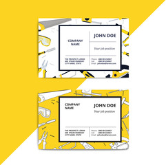 Home improvement corporate business card with repair tools. House construction id template. Renovation background for professional carpenter, handyman, builder. Vector illustration.
