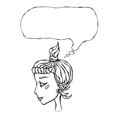 Cute Cartoon Hipster Girl Face Head in Profile with Ponytail Smile Blush. Thinking Bubble Above. Vector Illustration