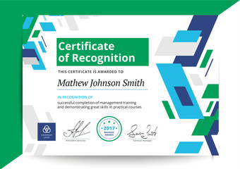 Certificate of recognition template in modern design. Business diploma layout for training graduation or course completion. Vector background illustration.