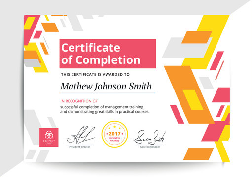 Certificate of completion template in modern design. Business diploma layout for training graduation or course completion. Vector background illustration.