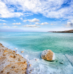 View of Dead Sea coastline at sunset, Israel