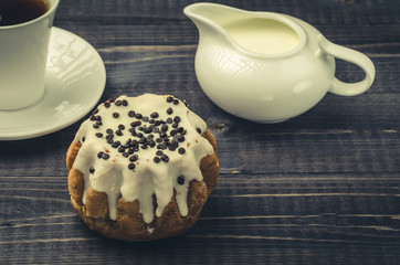Delicious pattie with the cup of coffee on a white background/Traditional breakfast set