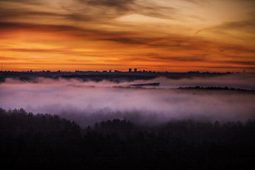 Fototapeta na wymiar Early foggy morning over the city of Minsk
