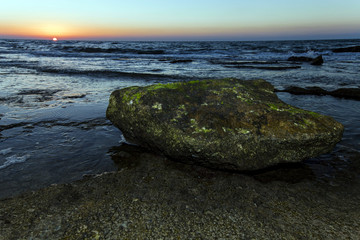 Algae Covered Beach Rock at Sunset