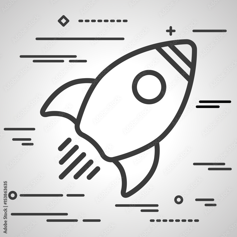 Poster flat line design graphic image concept of linear rocket icon on a grey background