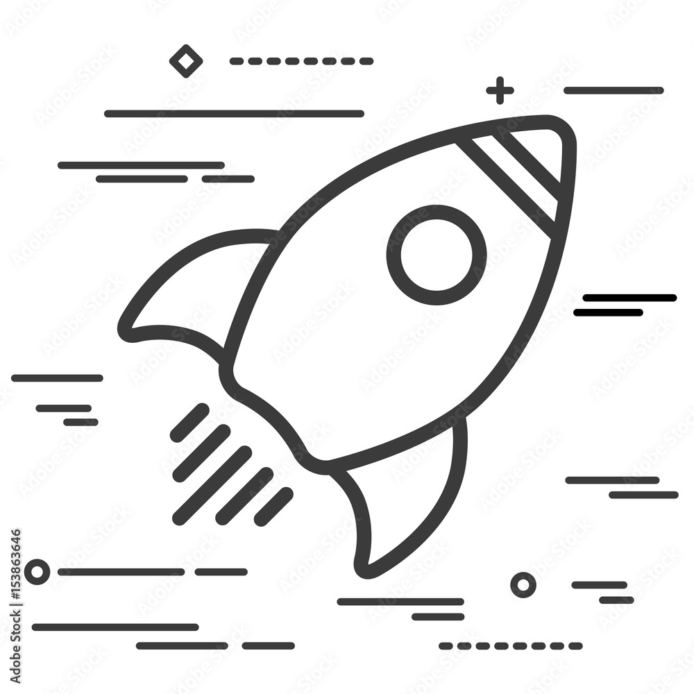 Poster flat line design graphic image concept of linear rocket icon on a white background