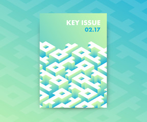 Fluid gradients abstract poster design with key shaped labyrinth, conceptual modern vector vertical A4 banner.
