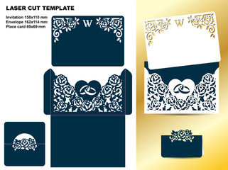Laser cut design. Set of wedding floral template. Invitation card, envelope and place card with pattern of roses for laser cutting. Vector illustration.