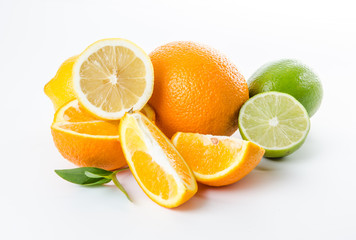 Fruit. Orange lemon lime and green mint leaves