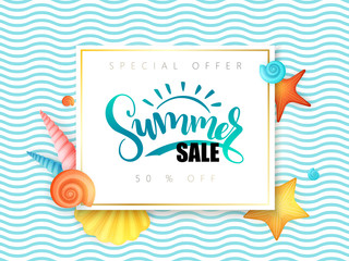 vector hand lettering summer sale banner surrounded with detailed flat and doodle seashells on wave background - 153876425