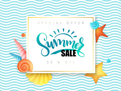 vector hand lettering summer sale banner surrounded with detailed flat and doodle seashells on wave background