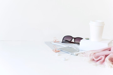 Styled Desktop Mockup flat lay stock photography, white background, copy space, great for lifestyle...
