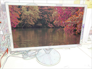 Drawings mix photos morning autumn forest and river in LED monitor