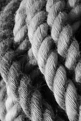 Coils of thick, heavy industrial strength rope that is frayed, weathered and worn and representing...