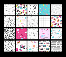 Set of 20 different neo memphis style seamless patterns.