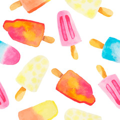 Seamless pattern with different watercolor fruit popsicles on white background.