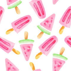 Seamless pattern with watercolor watermelon and strawberry popsicles on white backround.