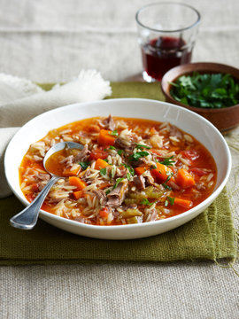 Bowl of lamb risoni soup