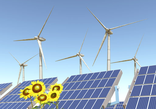 Wind turbines, solar panels and sunflowers