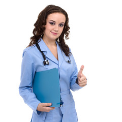 Female doctor with thumbs up gesture isolated on white background.