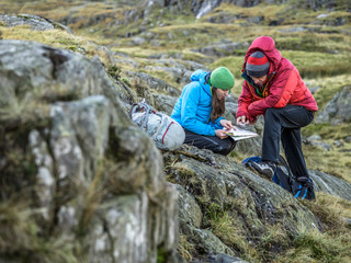 Hikers using map and compass