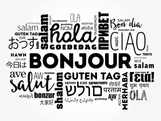 Bonjour (Hello Greeting in French) word cloud in different languages of the world, background concept