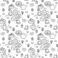 Sweets, teapots and bakery hand drawn pattern. One color. Vector seamless background.