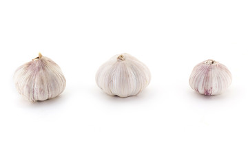 Three fresh Young bulbs of garlic neatly isolated on white background