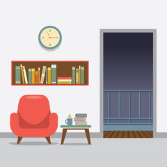 Red Sofa With Bookcase Vector Illustration