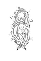 Beautiful cute cartoon mermaid with long hair. Siren. Sea theme.