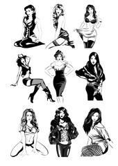 Sketch pen, sexy beautiful girls in different poses. Vector illustration - obrazy, fototapety, plakaty