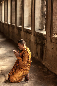 Young Buddhist monk praying in temple, Angkor Wat, Siem Reap, Cambodia
