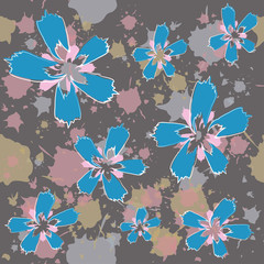 Light blue flowers on gray background with artistic spots, vector seamless pattern