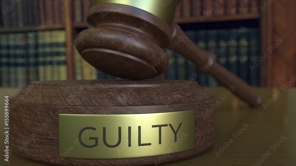 Poster judge's gavel hitting the block with guilty inscription. 3d rendering