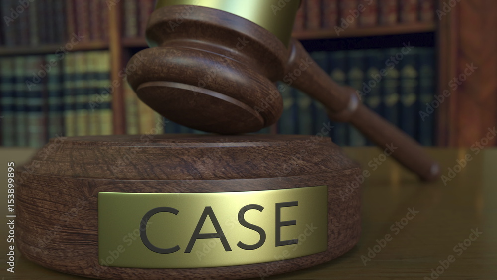 Poster judge's gavel hitting the block with case inscription. 3d rendering