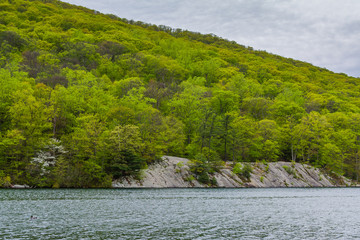 Rocky landscape along Hessian Lake, at Bear Mountain State Park, New York.