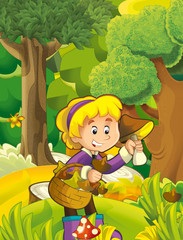 Obraz na płótnie Canvas cartoon scene with girl gathering mushrooms - illustration for children