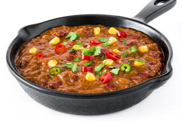 Traditional mexican tex mex chili con carne in a frying pan isolated on white background

