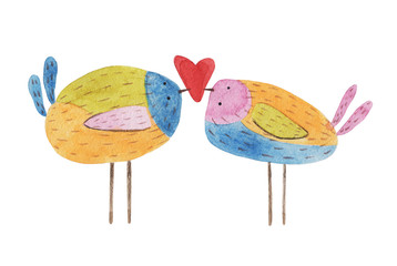 Two birds with heart. Watercolor illustration. Hand drawing - 153906202