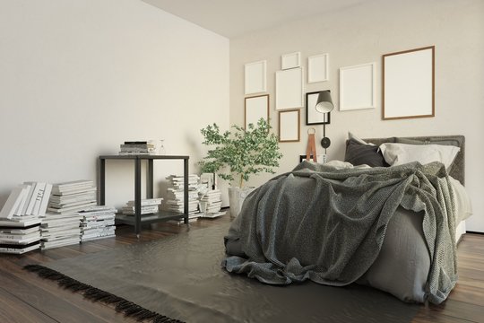 Luxury Loft Bedroom Cluttered With Books By Wall