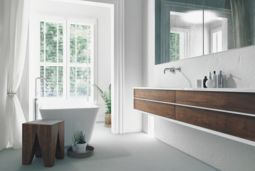 Modern bright sunny white bathroom interior
