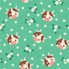 Cows and flowers green seamless pattern