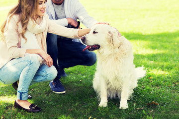 close up of couple with labrador dog outdoors
