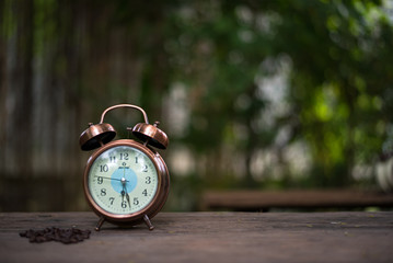 Alarm clock with coffee beans on wooden table with morning light, Start up concept