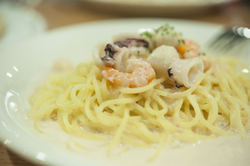 Seafood pasta spaghetti with seafood cocktail