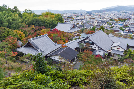 Scenic top view of Enkoji Temple and north Kyoto city skyline during autumn
