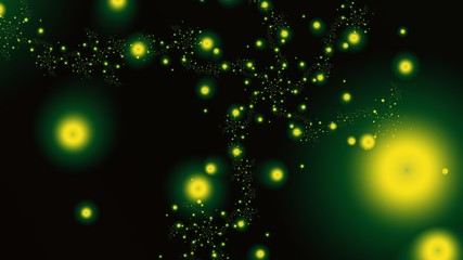 Abstract composition of green lights on a dark background. Space. Wallpaper