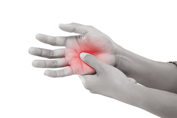Woman holding her hand, Pain concept, De Quervain's tenosynovitis, isolate on white background